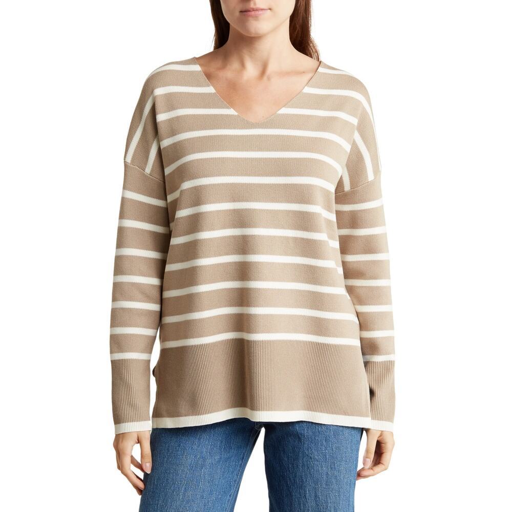 Vigoss Striped V-Neck Sweater in Mushroom Size M